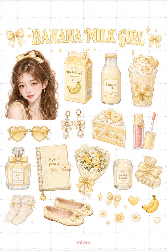 Banana Milk Girl Sticker Seti Sarı Muz Sütü Kız Temalı 2li Dekoratif Etiket