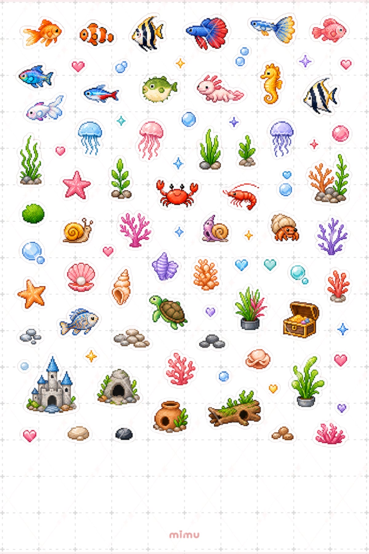Pixel Art Akvaryum Sticker Seti Balık ve Su Altı Temalı Dekoratif 2'li Etiket
