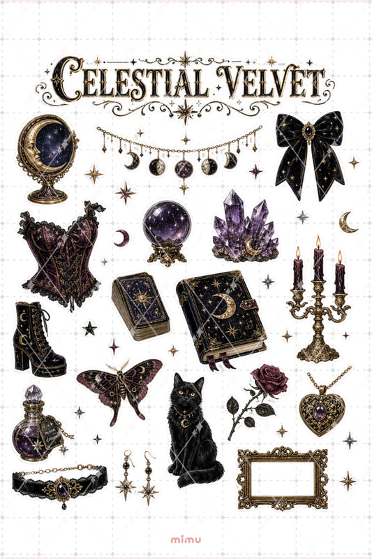 Celestial Velvet Sticker Seti Gotik Astroloji Kolaj Siyah Mor Temalı 2li Etiket