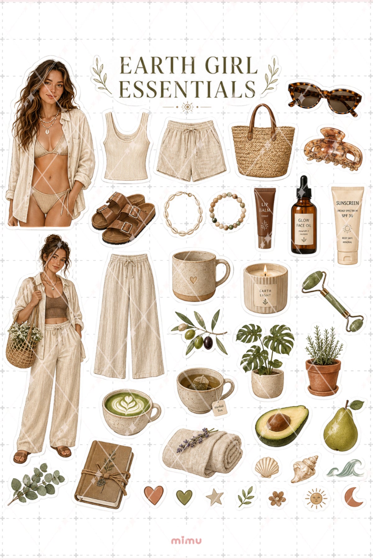 Earth Girl Essentials Sticker Seti Doğal Bej Yeşil Bohem Estetik 2li Etiket - 2