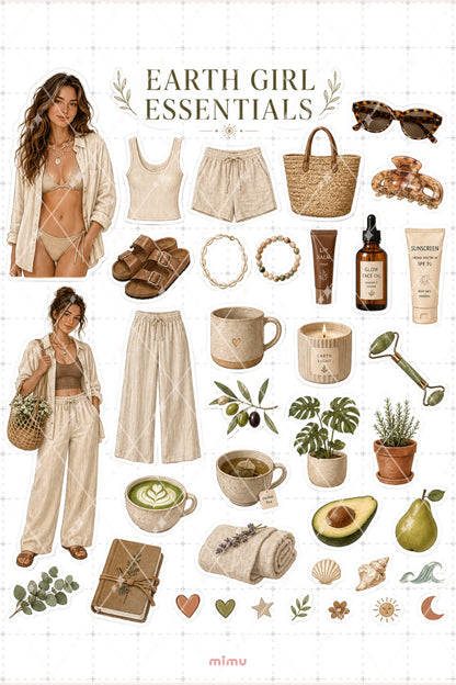 Earth Girl Essentials Sticker Seti Doğal Bej Yeşil Bohem Estetik 2li Etiket - 2