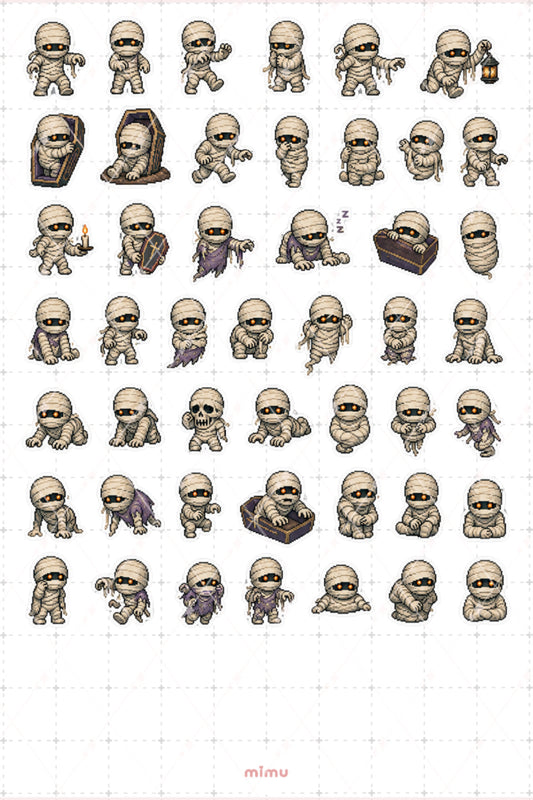 Pixel Art Halloween Sticker Seti Mumya Temalı Dekoratif 2'li Etiket