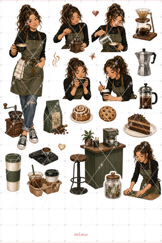 Barista Kız Sticker Seti Kahve Kafe Espresso Temalı Dekoratif 2'li Etiket
