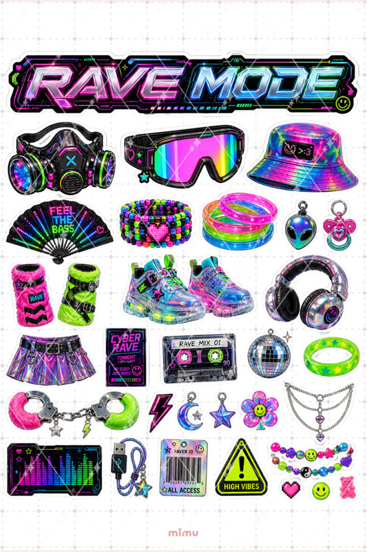 Cyberrave Sticker Seti Neon Renkli Rave Parti Estetiği 2li Etiket