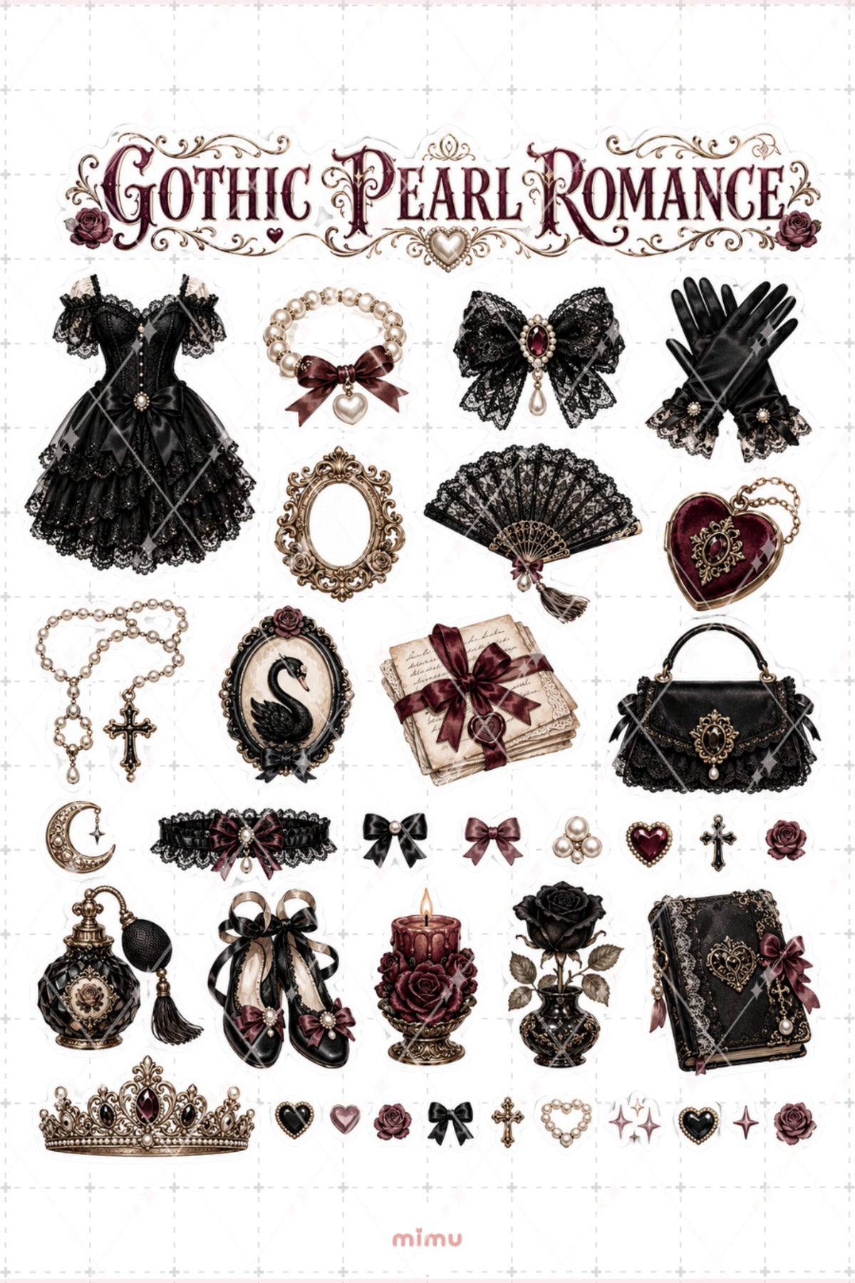 Midnight Coquette Estetik Sticker Seti Gotik Kolaj Siyah Fiyonk Temalı 2li Etiket