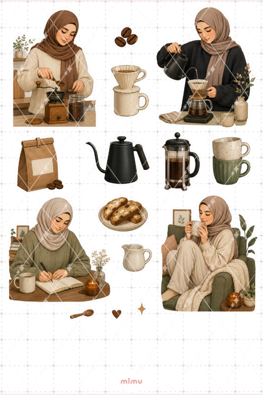 Kahve Tutkunu Sticker Seti Kahve Demleme ve Evde Kahve Keyfi Temalı Dekoratif 2'li Etiket