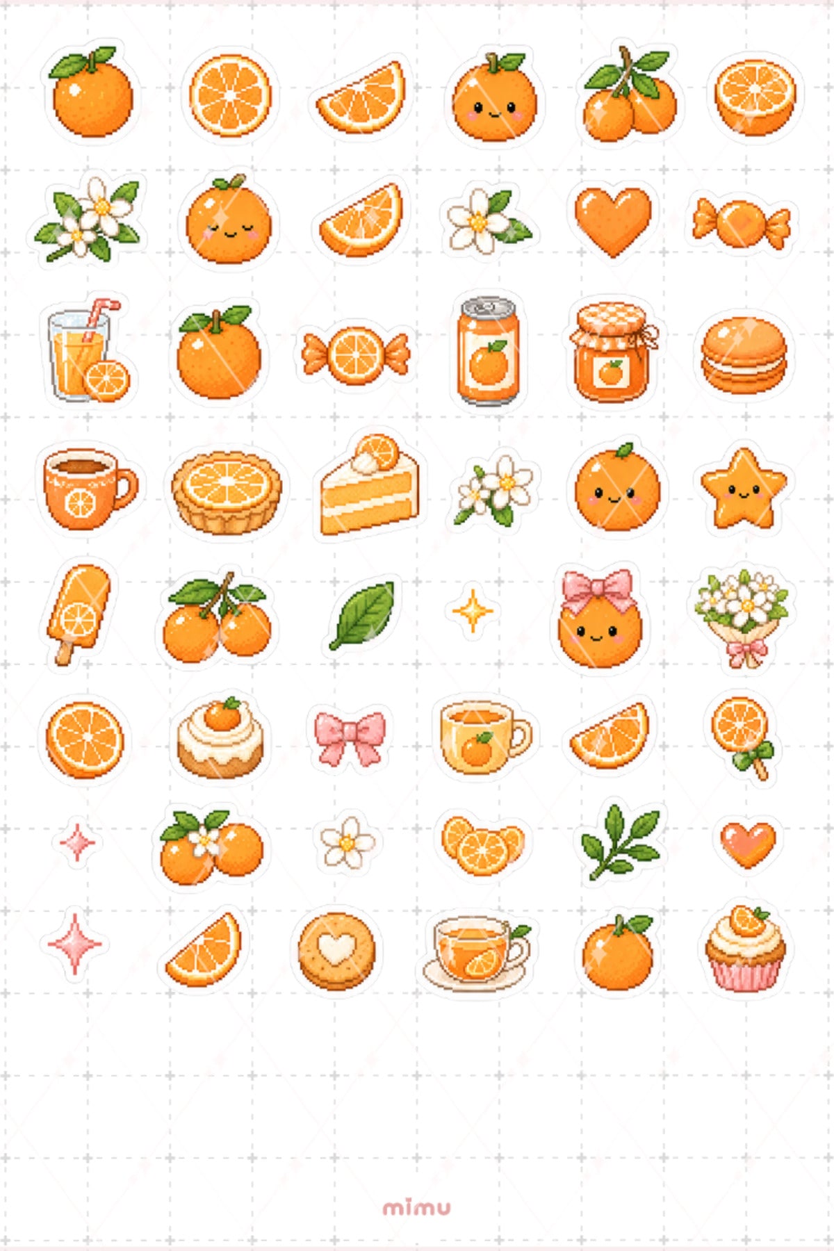 Pixel Art Portakal Sticker Seti Orange Narenciye Meyve Temalı Dekoratif 2'li Etiket