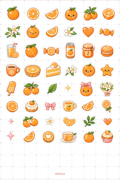 Pixel Art Portakal Sticker Seti Orange Narenciye Meyve Temalı Dekoratif 2'li Etiket