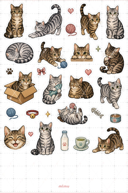Pixel Art Tekir Kedi Sticker Seti Tabby Cat Patili Dost Temalı Dekoratif 2'li Etiket