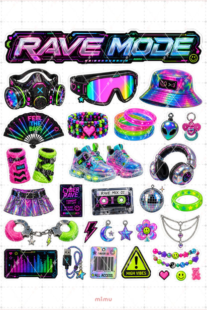 Cyberrave Sticker Seti Neon Renkli Rave Parti Estetiği 2li Etiket