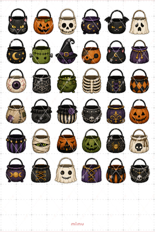 Pixel Art Halloween Sticker Seti Cadılar Bayramı Çantası Temalı Dekoratif 2'li Etiket