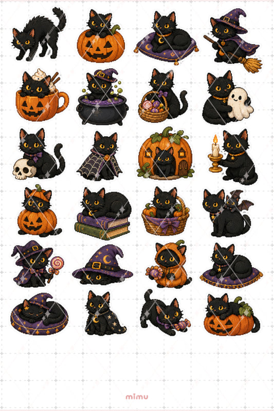 Pixel Art Halloween Sticker Seti Kara Kedi Temalı Dekoratif 2'li Etiket