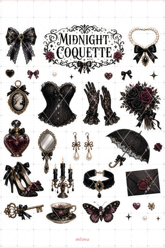 Midnight Coquette Estetik Sticker Seti Gotik Kolaj Siyah Fiyonk Temalı 2li Etiket