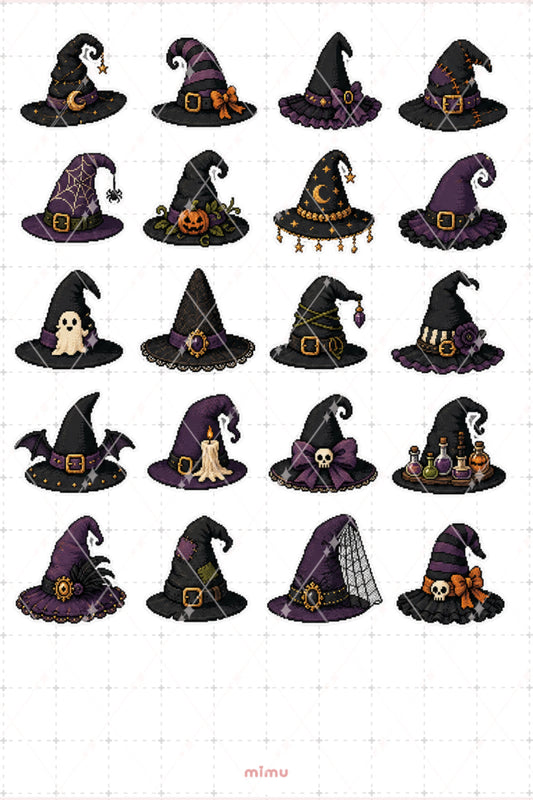 Pixel Art Halloween Sticker Seti Cadı Şapkası Temalı Dekoratif 2'li Etiket