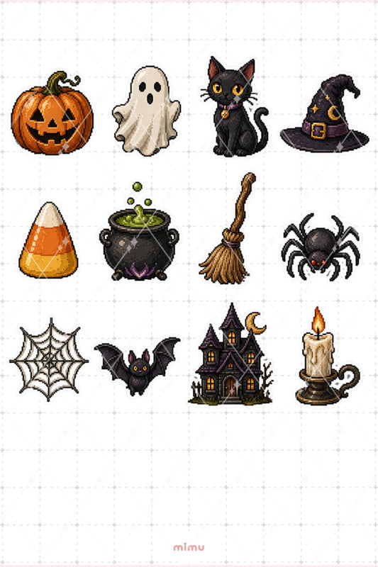 Pixel Art Halloween Sticker Seti Cadılar Bayramı Temalı Dekoratif 2'li Etiket