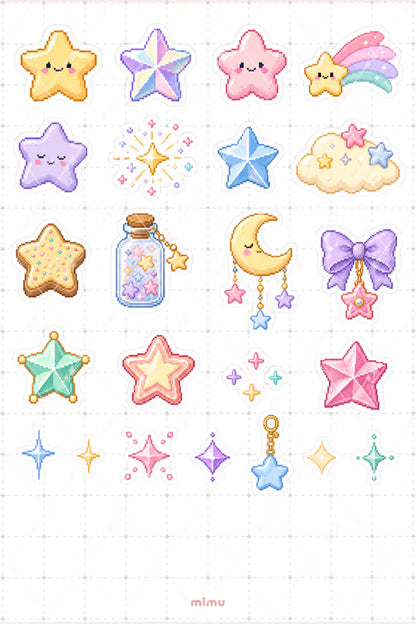 Pixel Art Yıldız Sticker Seti Stars Gece Gökyüzü Temalı Dekoratif 2'li Etiket