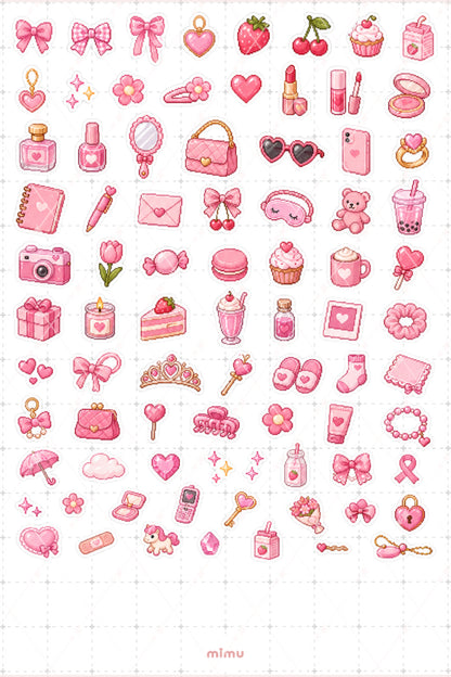 Pixel Art Pembe Renk Sticker Seti Pink Estetik Renk Temalı Dekoratif 2'li Etiket