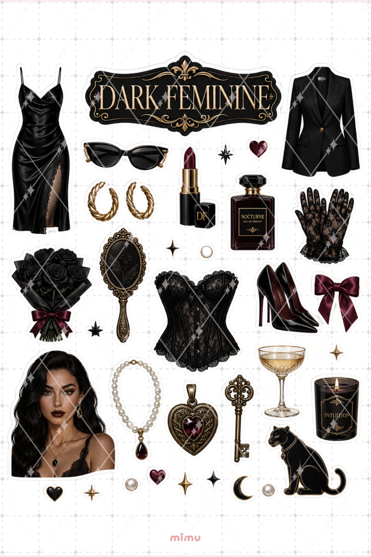 Dark Feminine Sticker Seti Siyah Gotik Kadın Temalı 2li Dekoratif Etiket
