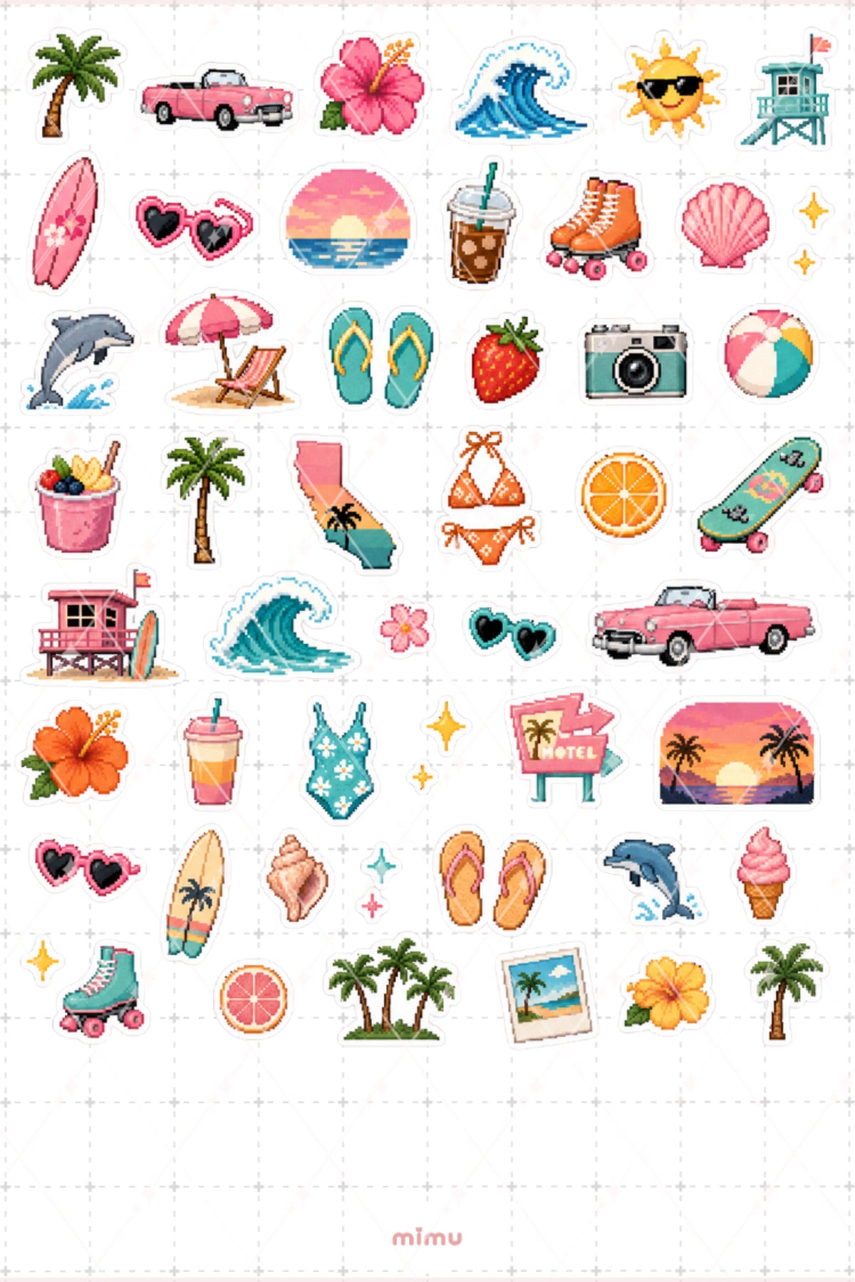 Pixel Art California Sticker Seti Sahil ve Eyalet Temalı Dekoratif 2'li Etiket