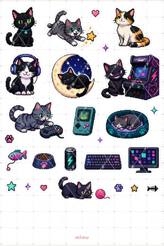 Pixel Art Kedi Sticker Seti Patili Dostlar Temalı Dekoratif 2'li Etiket