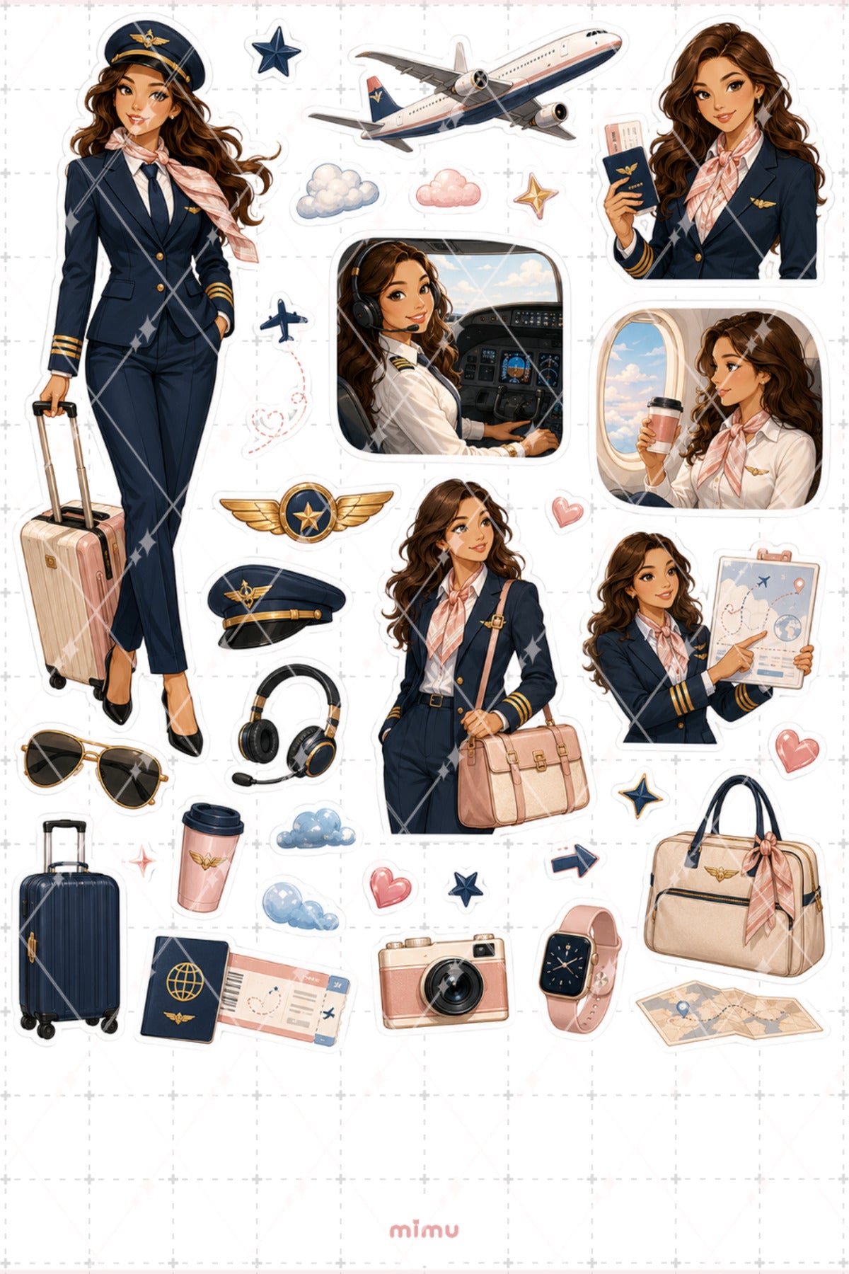Pilot Kız Sticker Seti Havacılık Seyahat Temalı Dekoratif 2'li Etiket