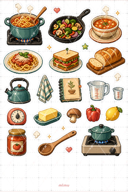 Pixel Art Yemek Yapma Sticker Seti Mutfak ve Tarif Temalı Dekoratif 2'li Etiket