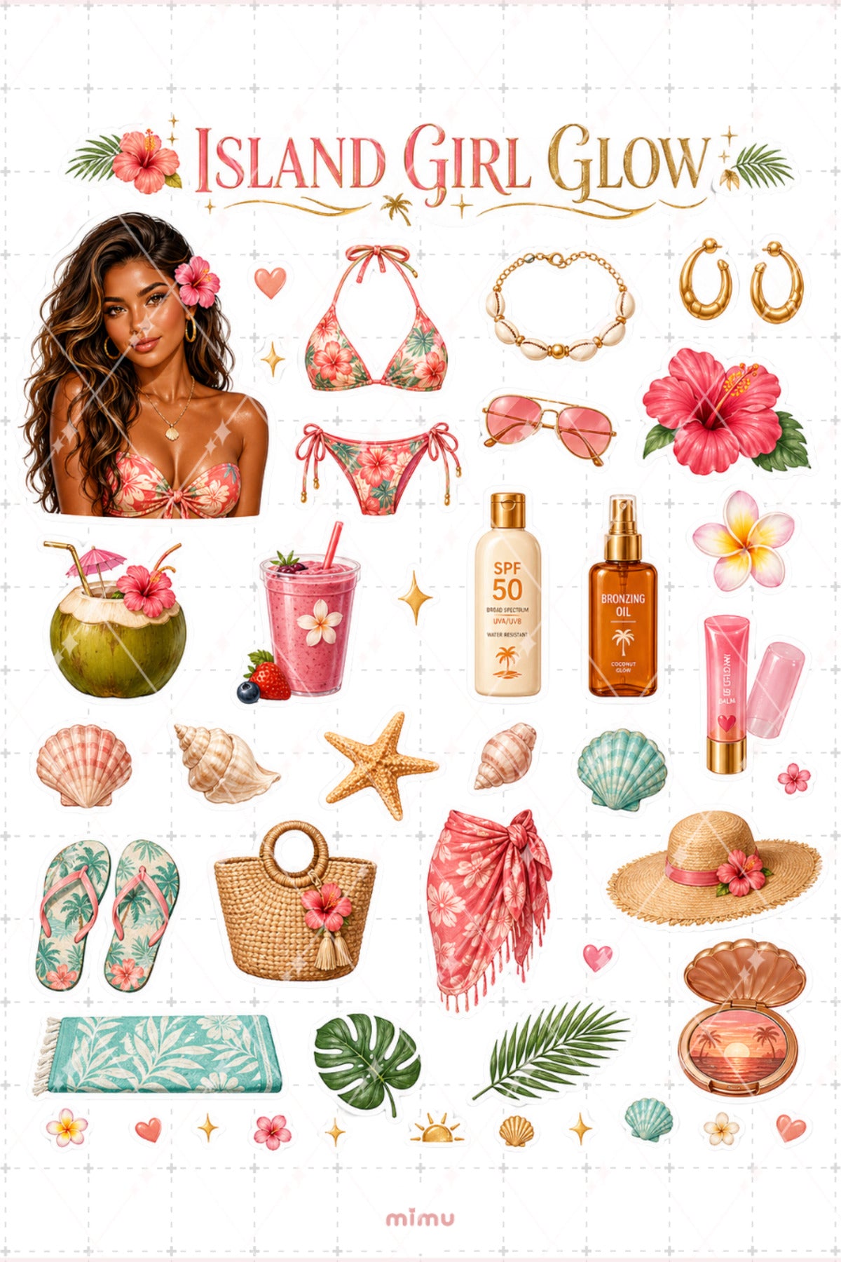 Island Girl Glow Sticker Seti Tropikal Plaj Kız Temalı 2li Dekoratif Etiket - 2