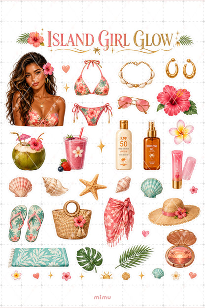 Island Girl Glow Sticker Seti Tropikal Plaj Kız Temalı 2li Dekoratif Etiket - 2
