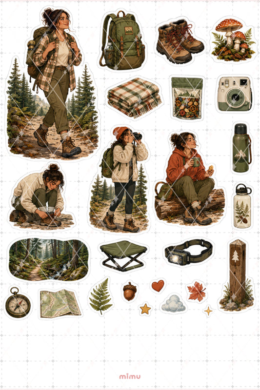 Doğa Yürüyüşü Kız Sticker Seti Hiking Kamp Outdoor Temalı Dekoratif 2'li Etiket