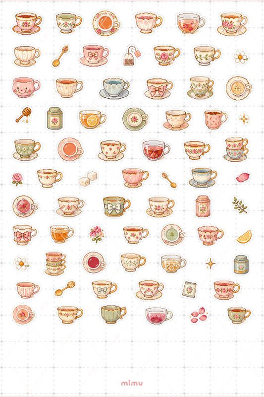 Pixel Art Çay Fincanı Sticker Seti Tea Cup Vintage Temalı Dekoratif 2'li Etiket