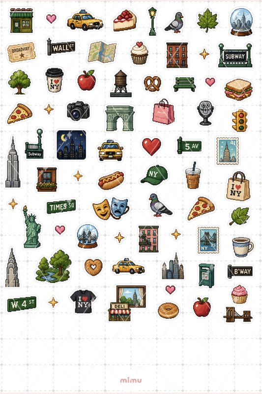 Pixel Art New York Sticker Seti Amerika Şehir Temalı Dekoratif 2'li Etiket