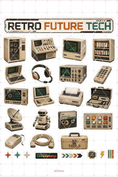 Retro Future Tech Sticker Seti Vintage Bilgisayar Teknoloji Estetiği 2li Etiket
