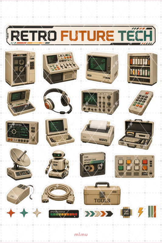 Retro Future Tech Sticker Seti Vintage Bilgisayar Teknoloji Estetiği 2li Etiket