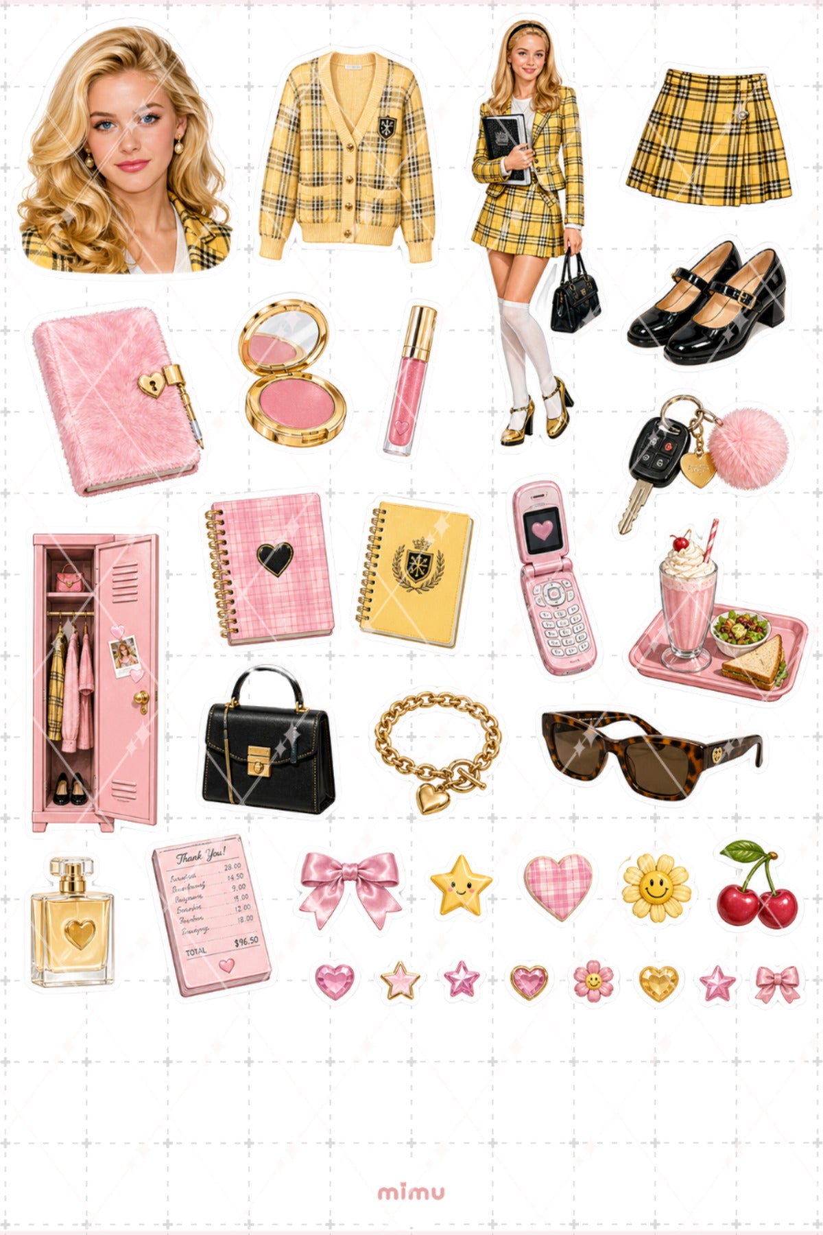 Cher Horowitz Sticker Seti Sarı Ekose Preppy Moda Temalı Dekoratif 2'li Etiket