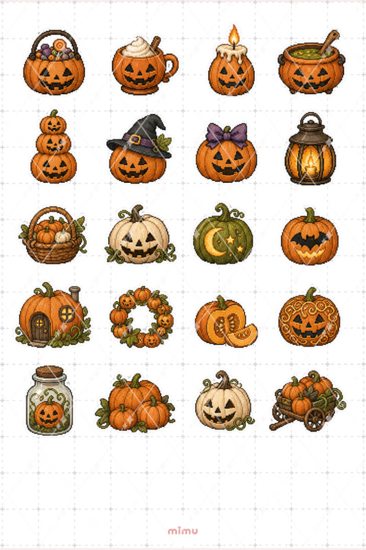 Pixel Art Halloween Sticker Seti Balkabağı Temalı Dekoratif 2'li Etiket