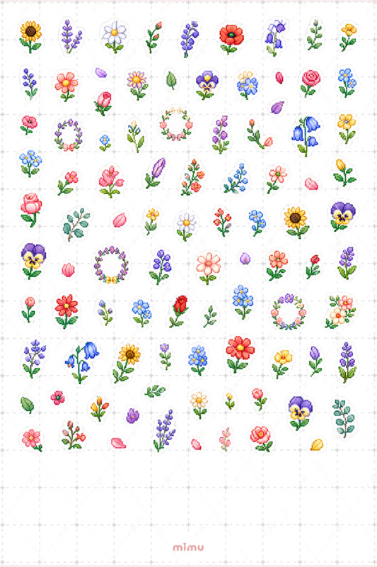 Pixel Art Çiçek Sticker Seti Floral Bahar Temalı Dekoratif 2'li Etiket