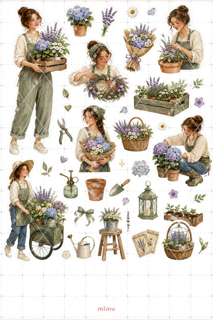 Çiçekçi Kız Sticker Seti Romantik Çiçek Düzenleme Temalı Dekoratif 2'li Etiket