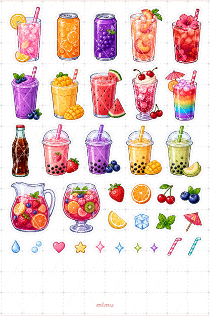 Pixel Art İçecek Sticker Seti Kahve Kokteyl ve Bardak Temalı Dekoratif 2'li Etiket