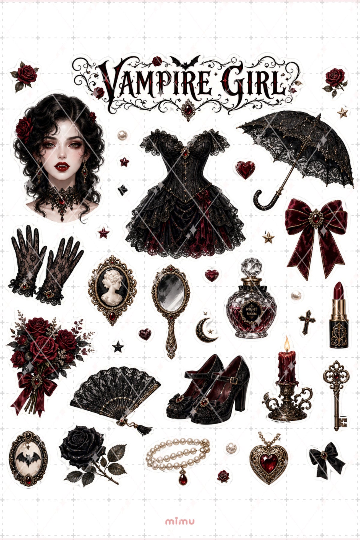 Vampire Girl Sticker Seti Siyah Bordo Gotik Vampir Temalı 2li Dekoratif Etiket - 2