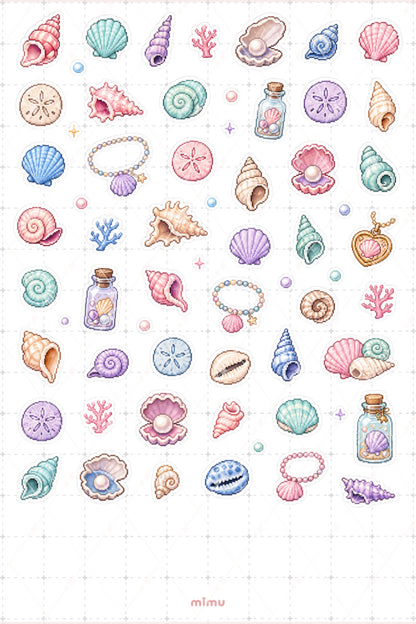 Pixel Art Deniz Kabuğu Sticker Seti Sea Shell Sahil Temalı Dekoratif 2'li Etiket