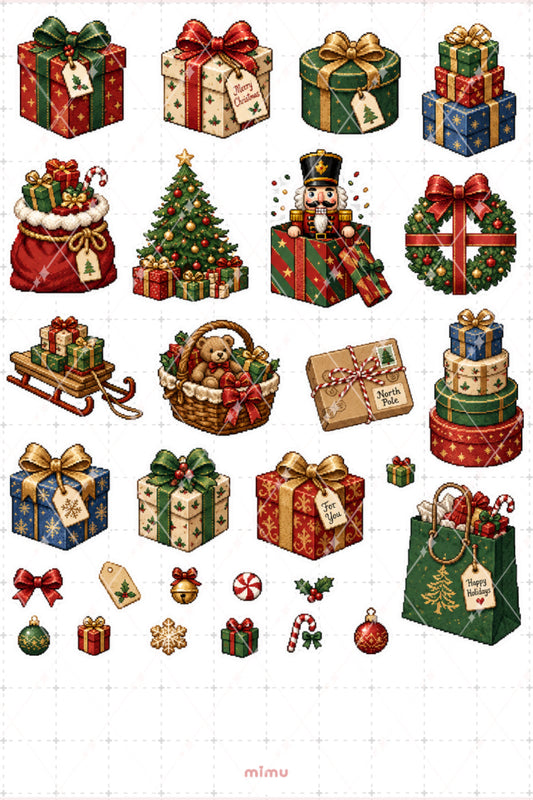 Pixel Art Yılbaşı Hediyeleri Sticker Seti Hediye Paketleri ve Noel Temalı Dekoratif 2'li Etiket