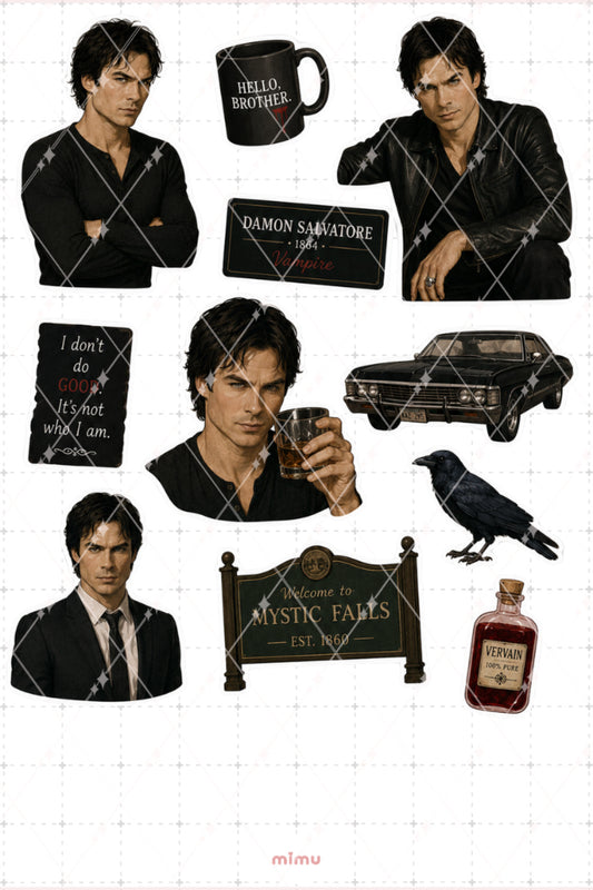 Damon Salvatore Sticker Seti Mystic Falls ve Vampir Temalı Dekoratif 2'li Etiket