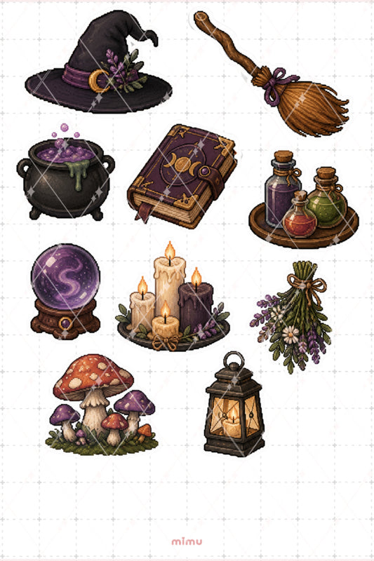 Pixel Art Halloween Sticker Seti Cadı Malzemeleri Temalı Dekoratif 2'li Etiket