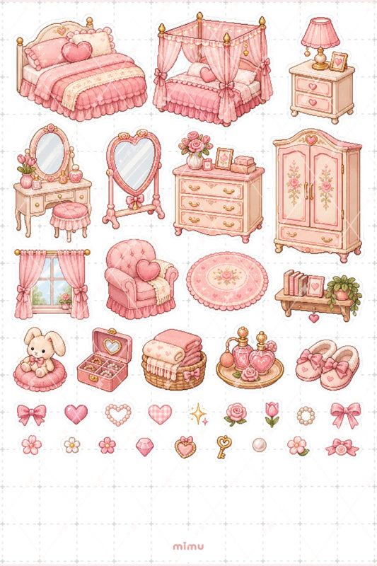 Pixel Art Pembe Yatak Odası Sticker Seti Romantik Oda Dekoru Temalı Dekoratif 2'li Etiket