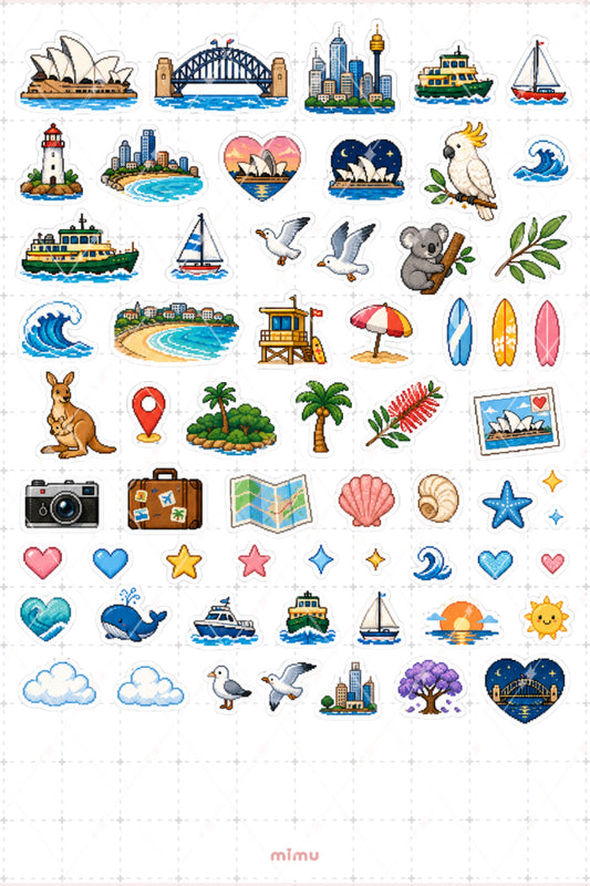 Pixel Art Sydney Sticker Seti Avustralya Şehir Temalı Dekoratif 2'li Etiket