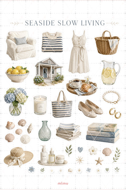Seaside Slow Living Sticker Seti Sahil Evi Deniz Kabuğu Estetik 2li Etiket