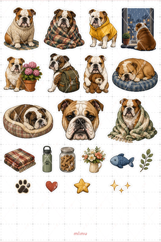 Pixel Art Bulldog Köpek Sticker Seti Irk Köpek Temalı Dekoratif 2'li Etiket