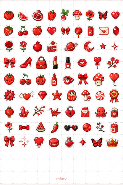 Pixel Art Kırmızı Renk Sticker Seti Red Estetik Renk Temalı Dekoratif 2'li Etiket