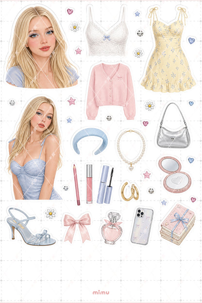 Cassie Howard Sticker Seti Mavi Pembe Moda Güzellik Temalı Dekoratif 2'li Etiket - 2