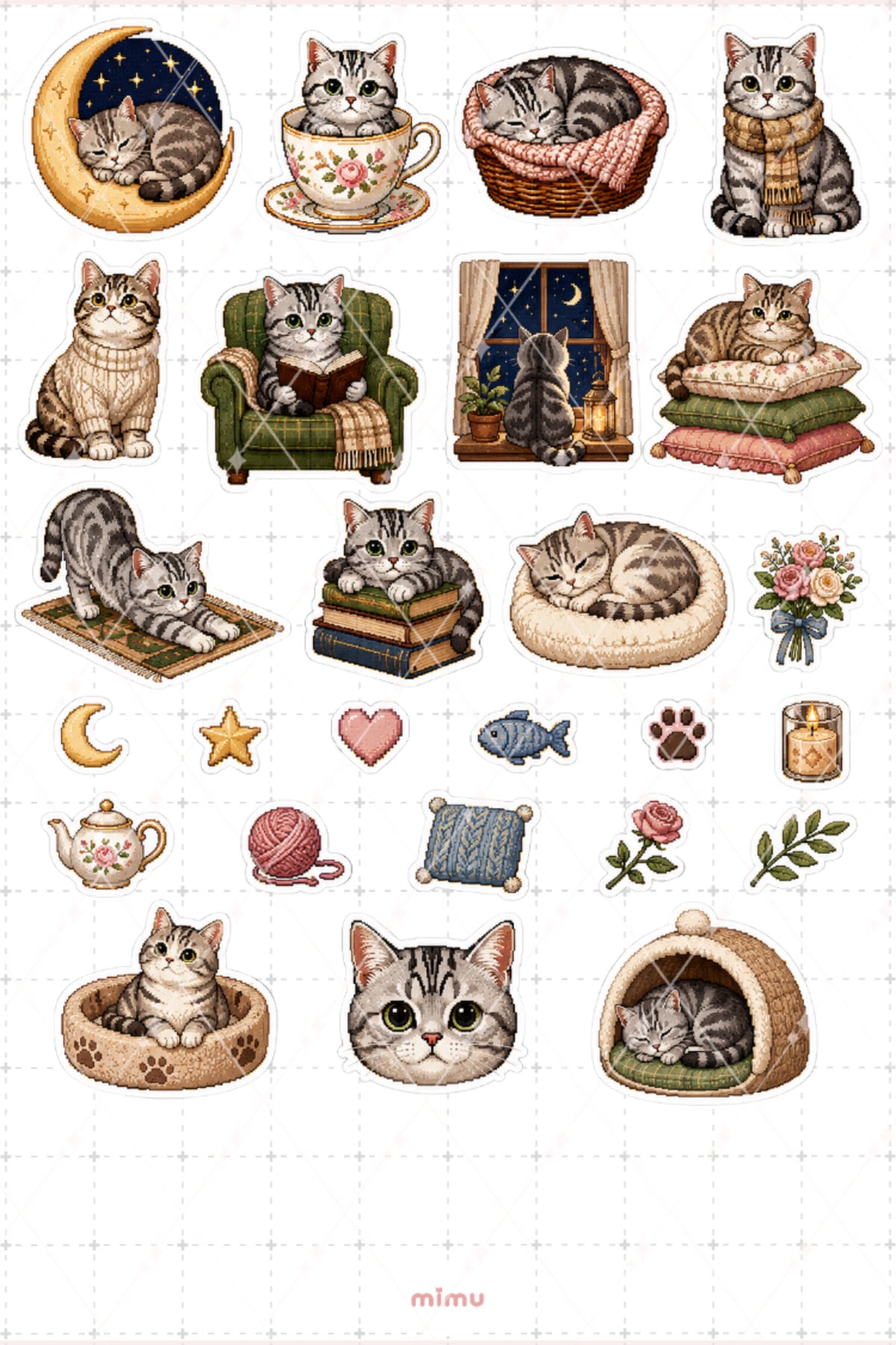 Pixel Art Scottish Fold Kedi Sticker Seti Kıvrık Kulak Temalı Dekoratif 2'li Etiket